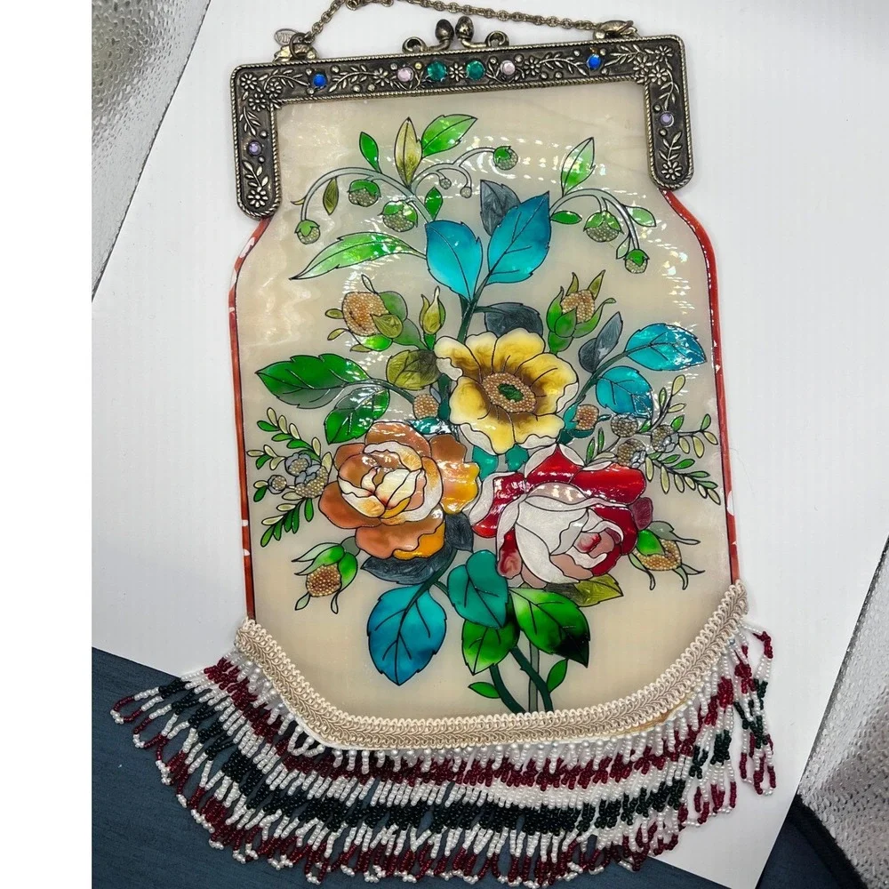Amia Stained Glass Floral Evening Bag Small Multicolor Excellent Beaded Fringe